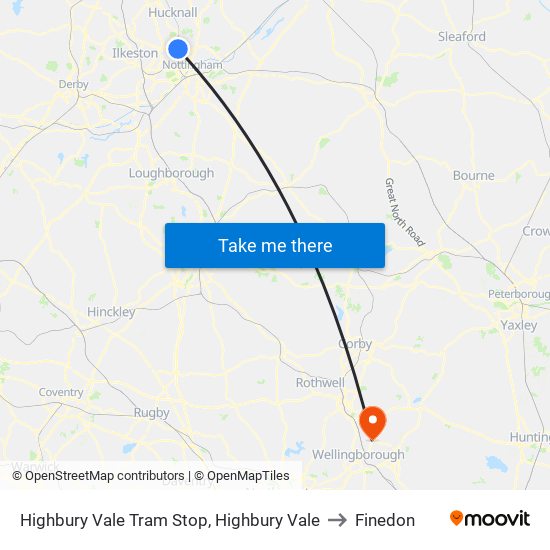 Highbury Vale Tram Stop, Highbury Vale to Finedon map