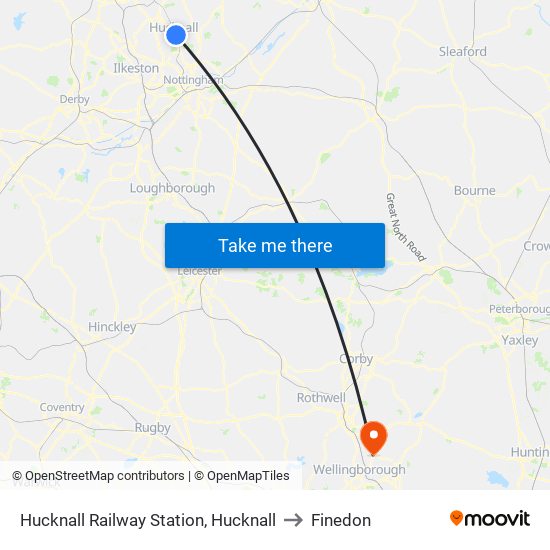 Hucknall Railway Station, Hucknall to Finedon map