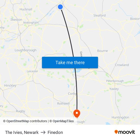 The Ivies, Newark to Finedon map