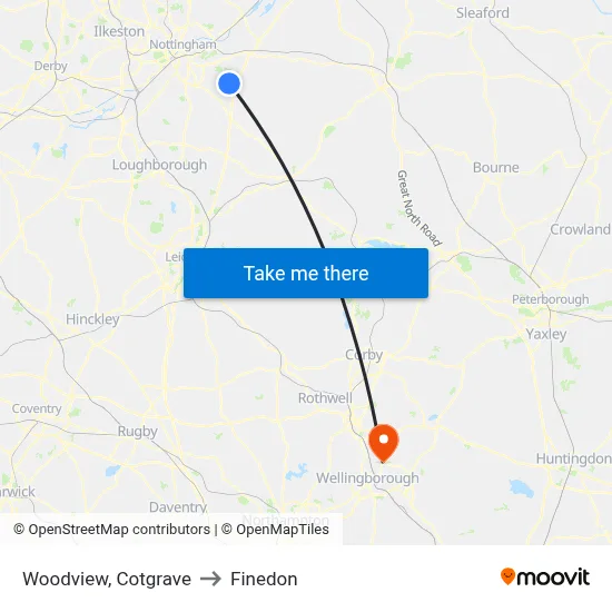 Woodview, Cotgrave to Finedon map