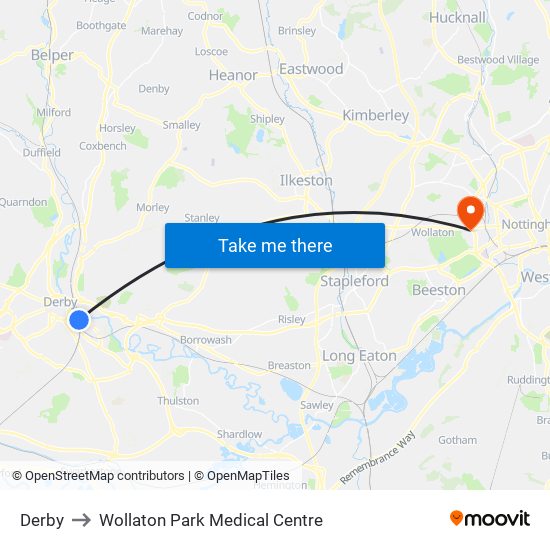 Derby to Wollaton Park Medical Centre map