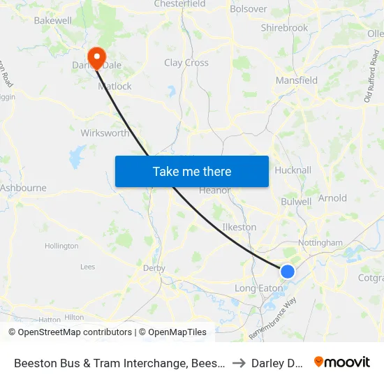 Beeston Bus & Tram Interchange, Beeston to Darley Dale map