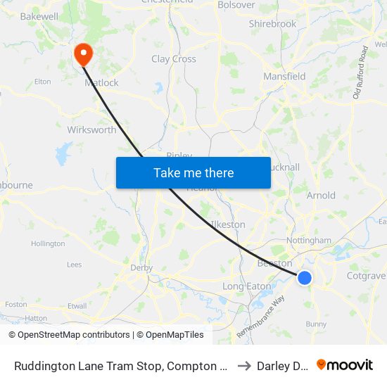 Ruddington Lane Tram Stop, Compton Acres to Darley Dale map