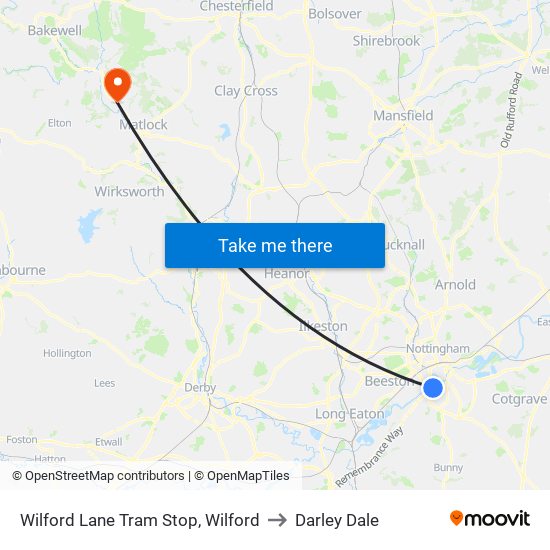 Wilford Lane Tram Stop, Wilford to Darley Dale map