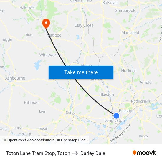 Toton Lane Tram Stop, Toton to Darley Dale map