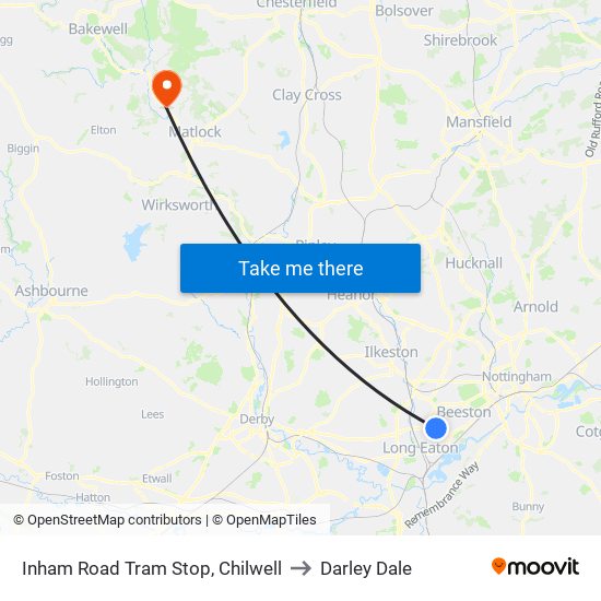 Inham Road Tram Stop, Chilwell to Darley Dale map