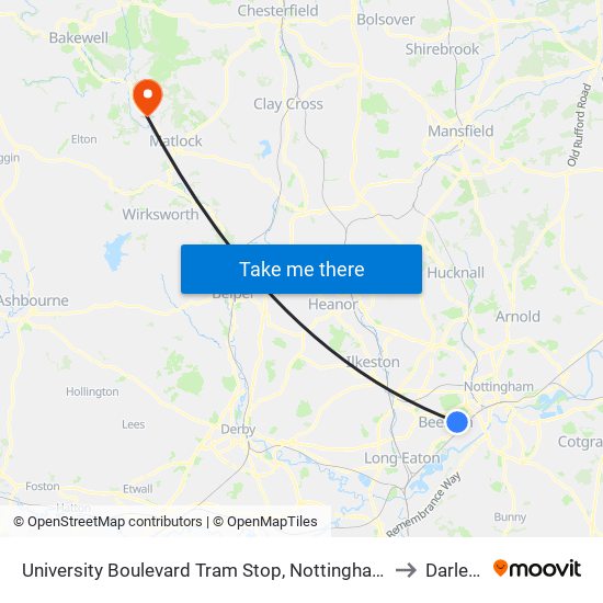 University Boulevard Tram Stop, Nottingham University Main Campus to Darley Dale map