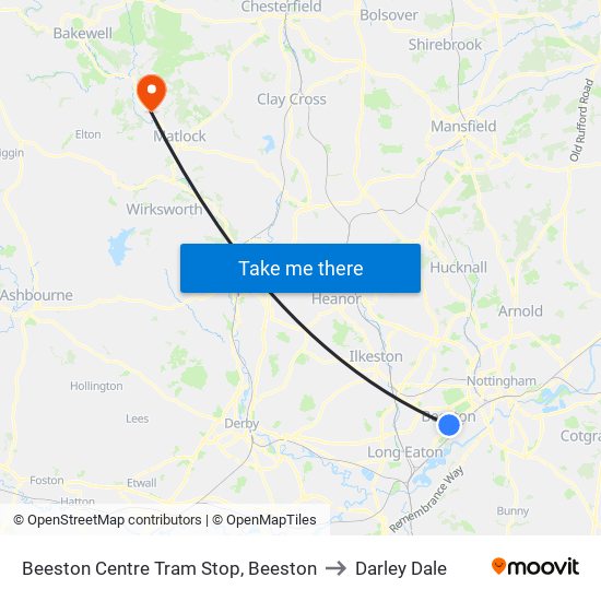 Beeston Centre Tram Stop, Beeston to Darley Dale map