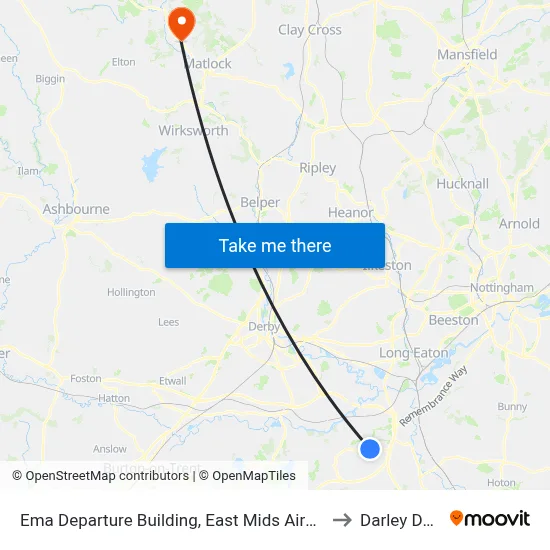 Ema Departure Building, East Mids Airport to Darley Dale map