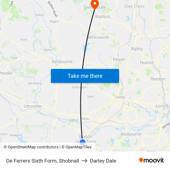 De Ferrers Sixth Form, Shobnall to Darley Dale map