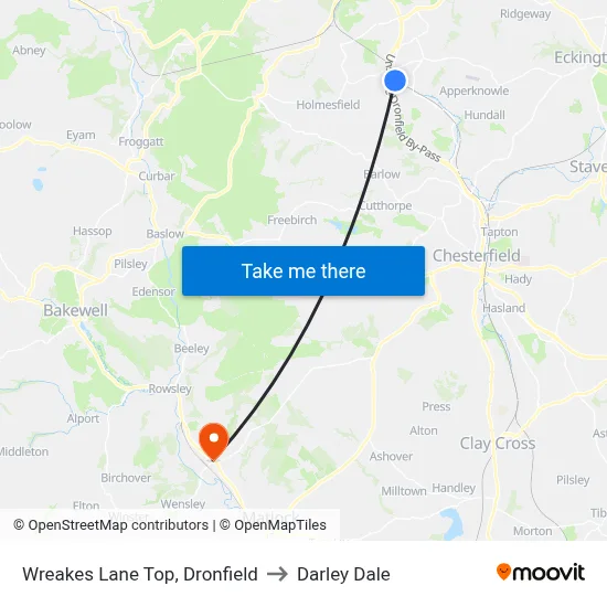 Wreakes Lane Top, Dronfield to Darley Dale map