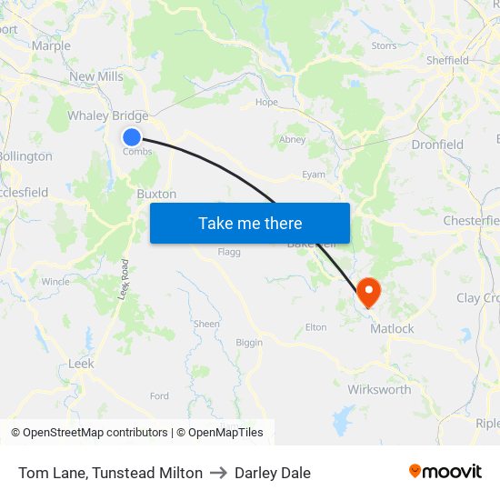 Tom Lane, Tunstead Milton to Darley Dale map