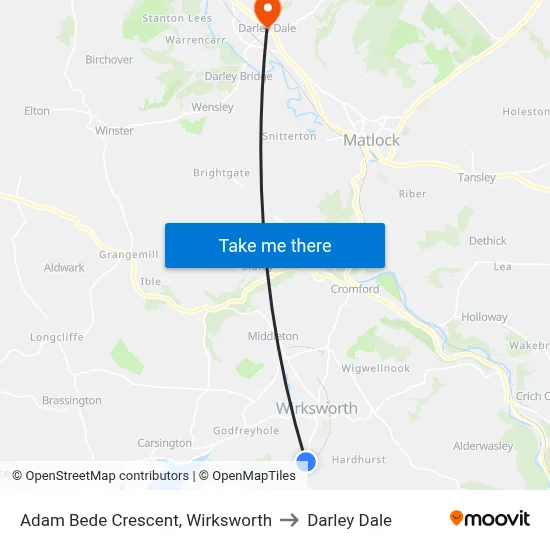 Adam Bede Crescent, Wirksworth to Darley Dale map
