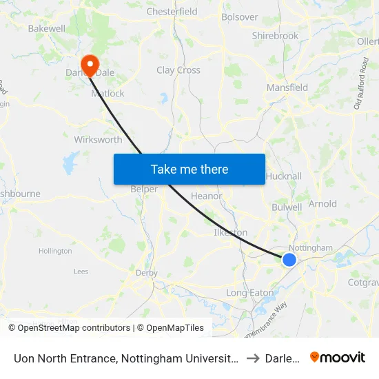 Uon North Entrance, Nottingham University Main Campus (Un14) to Darley Dale map