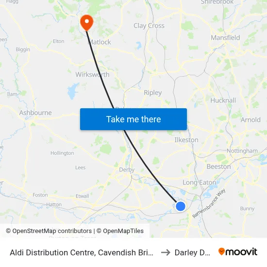 Aldi Distribution Centre, Cavendish Bridge to Darley Dale map