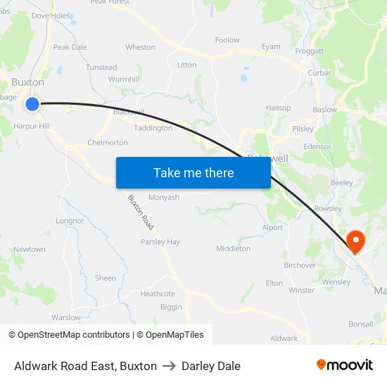 Aldwark Road East, Buxton to Darley Dale map