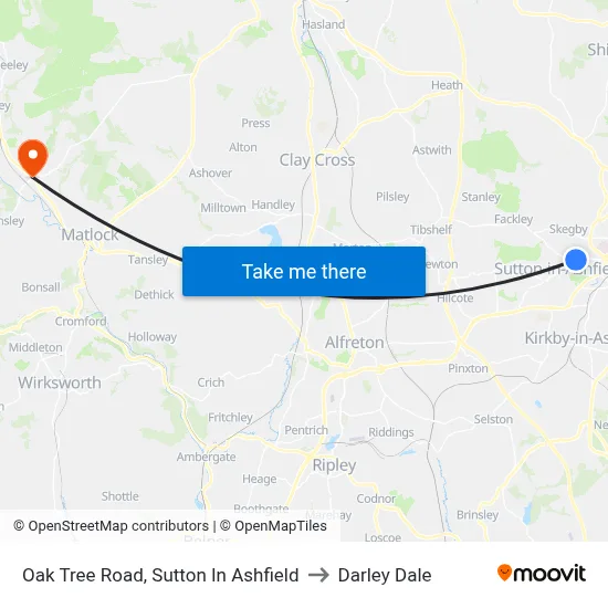 Oak Tree Road, Sutton In Ashfield to Darley Dale map