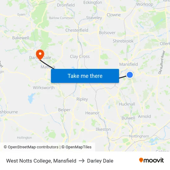 West Notts College, Mansfield to Darley Dale map