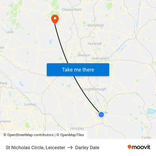 St Nicholas Circle, Leicester to Darley Dale map