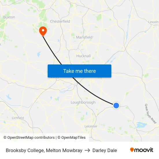 Brooksby College, Melton Mowbray to Darley Dale map