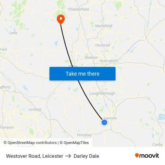 Westover Road, Leicester to Darley Dale map