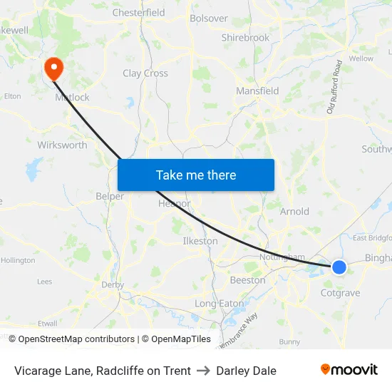 Vicarage Lane, Radcliffe on Trent to Darley Dale map