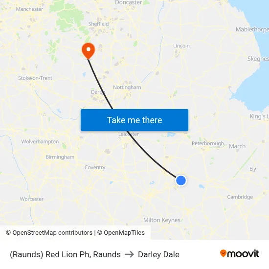 (Raunds) Red Lion Ph, Raunds to Darley Dale map