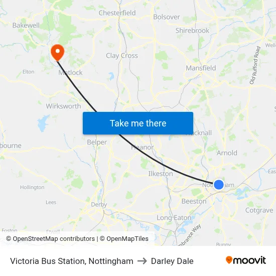 Victoria Bus Station, Nottingham to Darley Dale map