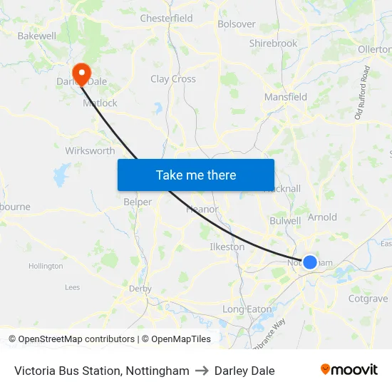 Victoria Bus Station, Nottingham to Darley Dale map