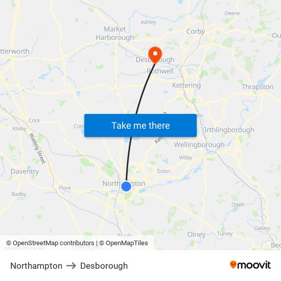 Northampton to Desborough map