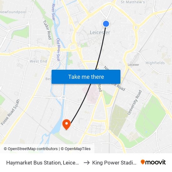 Haymarket Bus Station, Leicester to King Power Stadium map