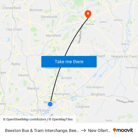 Beeston Bus & Tram Interchange, Beeston to New Ollerton map