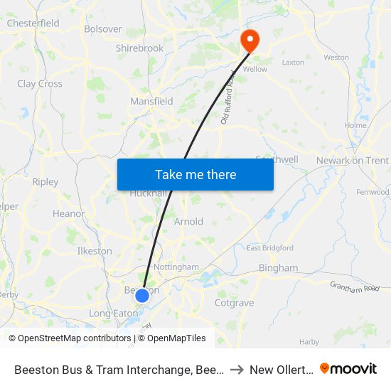 Beeston Bus & Tram Interchange, Beeston to New Ollerton map