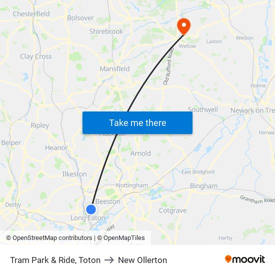 Tram Park & Ride, Toton to New Ollerton map