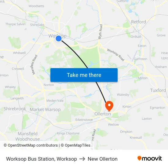 Worksop Bus Station, Worksop to New Ollerton map