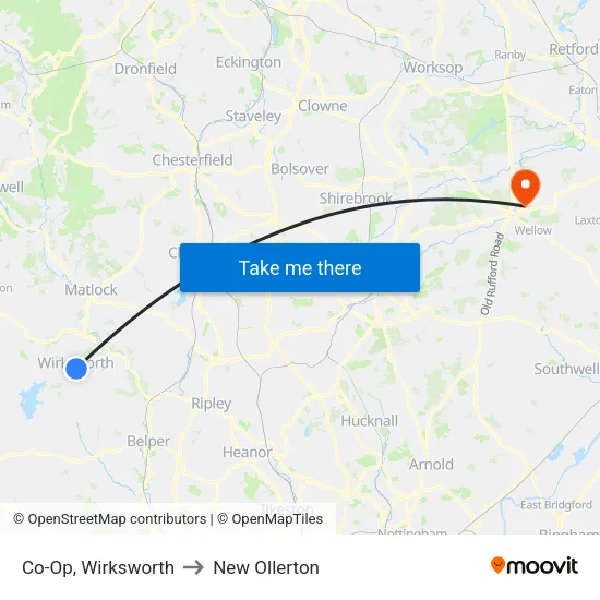 Co-Op, Wirksworth to New Ollerton map