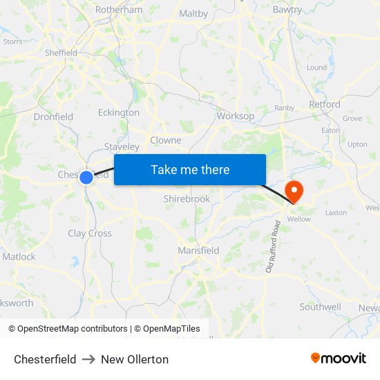 Chesterfield to New Ollerton map