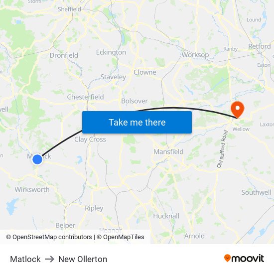 Matlock to New Ollerton map