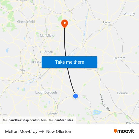 Melton Mowbray to New Ollerton map