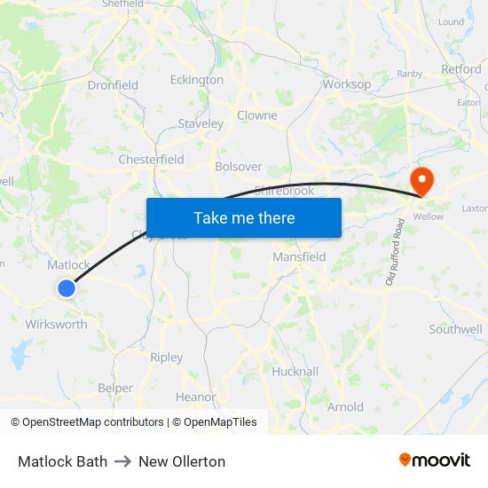 Matlock Bath to New Ollerton map