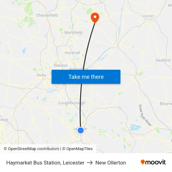 Haymarket Bus Station, Leicester to New Ollerton map