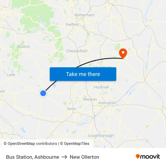 Bus Station, Ashbourne to New Ollerton map