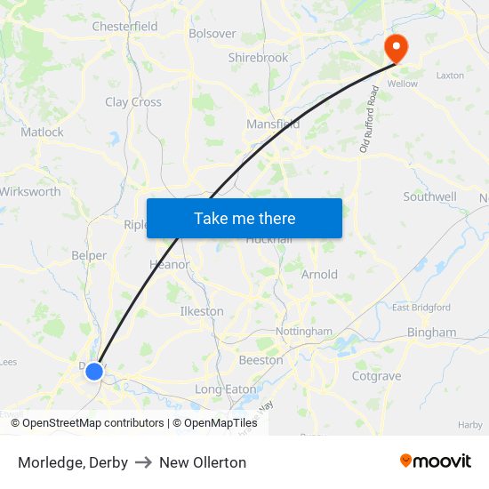 Morledge, Derby to New Ollerton map