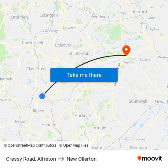 Cressy Road, Alfreton to New Ollerton map