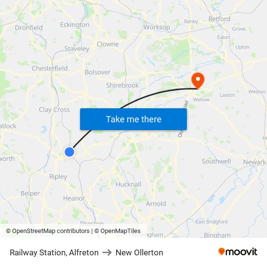 Railway Station, Alfreton to New Ollerton map