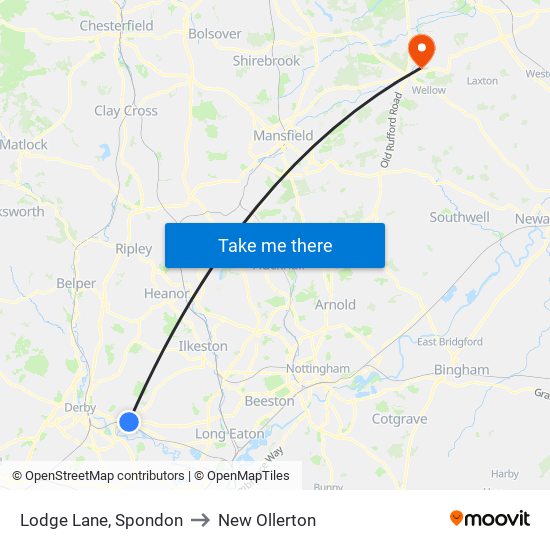 Lodge Lane, Spondon to New Ollerton map