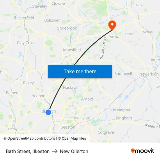 Bath Street, Ilkeston to New Ollerton map