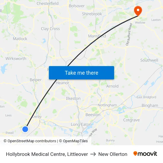 Hollybrook Medical Centre, Littleover to New Ollerton map