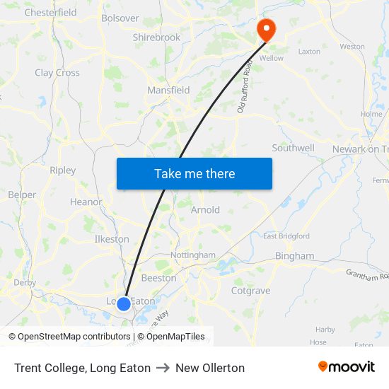 Trent College, Long Eaton to New Ollerton map