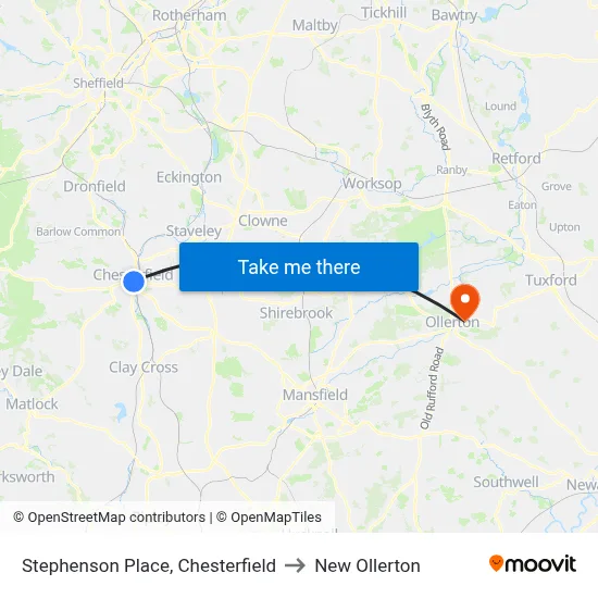 Stephenson Place, Chesterfield to New Ollerton map